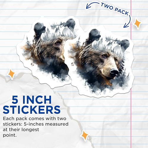 (2 Pack) Bear Mountain Stickers - Wildlife Adventure Decal - Nature Lover Decoration - 5" On Longest Side - Sticks to Smooth Flat Surfaces - Made in USA - BMCS3808