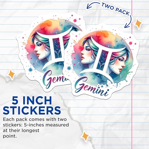 (2 Pack) Gemini Zodiac Stickers - Astrological Art - Watercolor Gemini Twins - 5" On Longest Side - Sticks to Smooth Flat Surfaces - Made in USA - BMCS6637