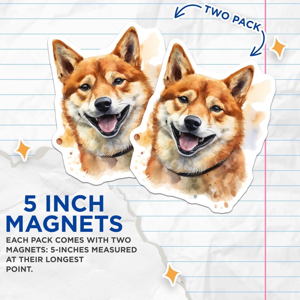 (2 Pack) Shiba Inu Magnets - Happy Dog Lover - Watercolor Pet Art - Fridge Decor - 5 Inches On Longest Side - Thick Durable Magnet - Made in USA - MAG29983