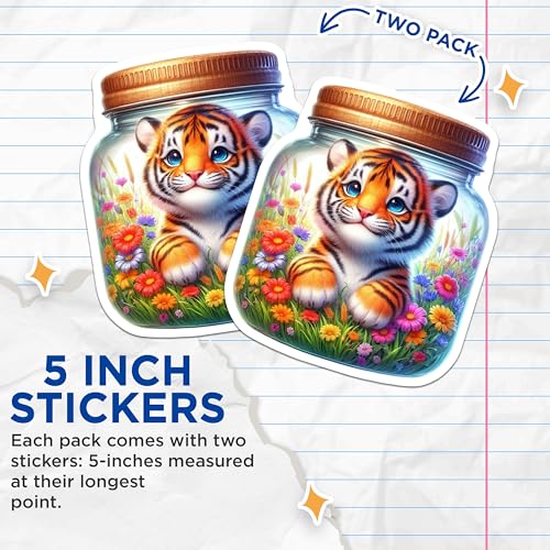 (2 Pack) Cute Tiger Cub Stickers - Animal Wall Art - Kids Room Decor - 5" On Longest Side - Sticks to Smooth Flat Surfaces - Made in USA - BMCS9372