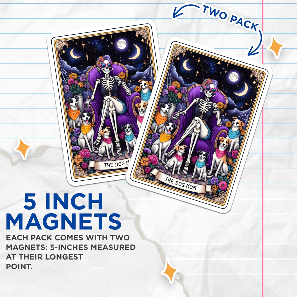 (2 Pack) Dog Mom Skeleton Magnets - Spooky Tarot Card Art - Celestial Dog Lover Decor - Humorous Skull Pet Enthusiast - 5 Inches On Longest Side - Thick Durable Magnet - Made in USA - MAG24209