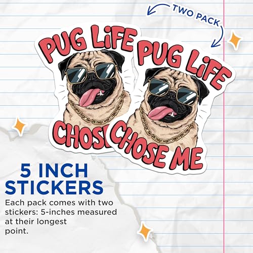 (2 Pack) Pug Dog Stickers - 5" On Longest Side - Sticks to Smooth Flat Surfaces - Made in USA - BMCS8527 - BMCS8527