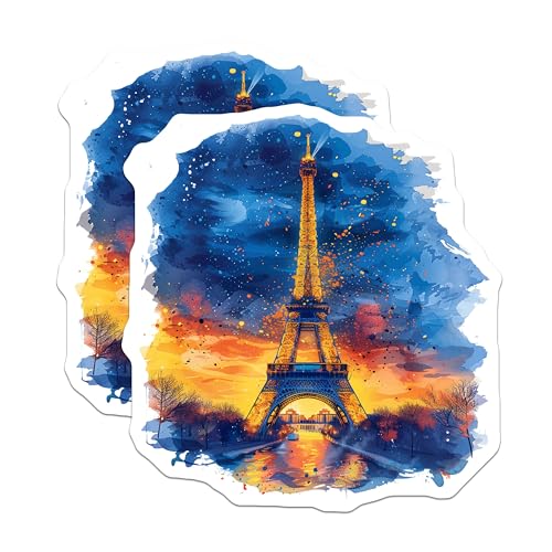 (2 Pack) Paris Eiffel Tower Stickers - Colorful Travel Stickers - France Landmark Stickers - 5" On Longest Side - Sticks to Smooth Flat Surfaces - Made in USA - BMCS5190