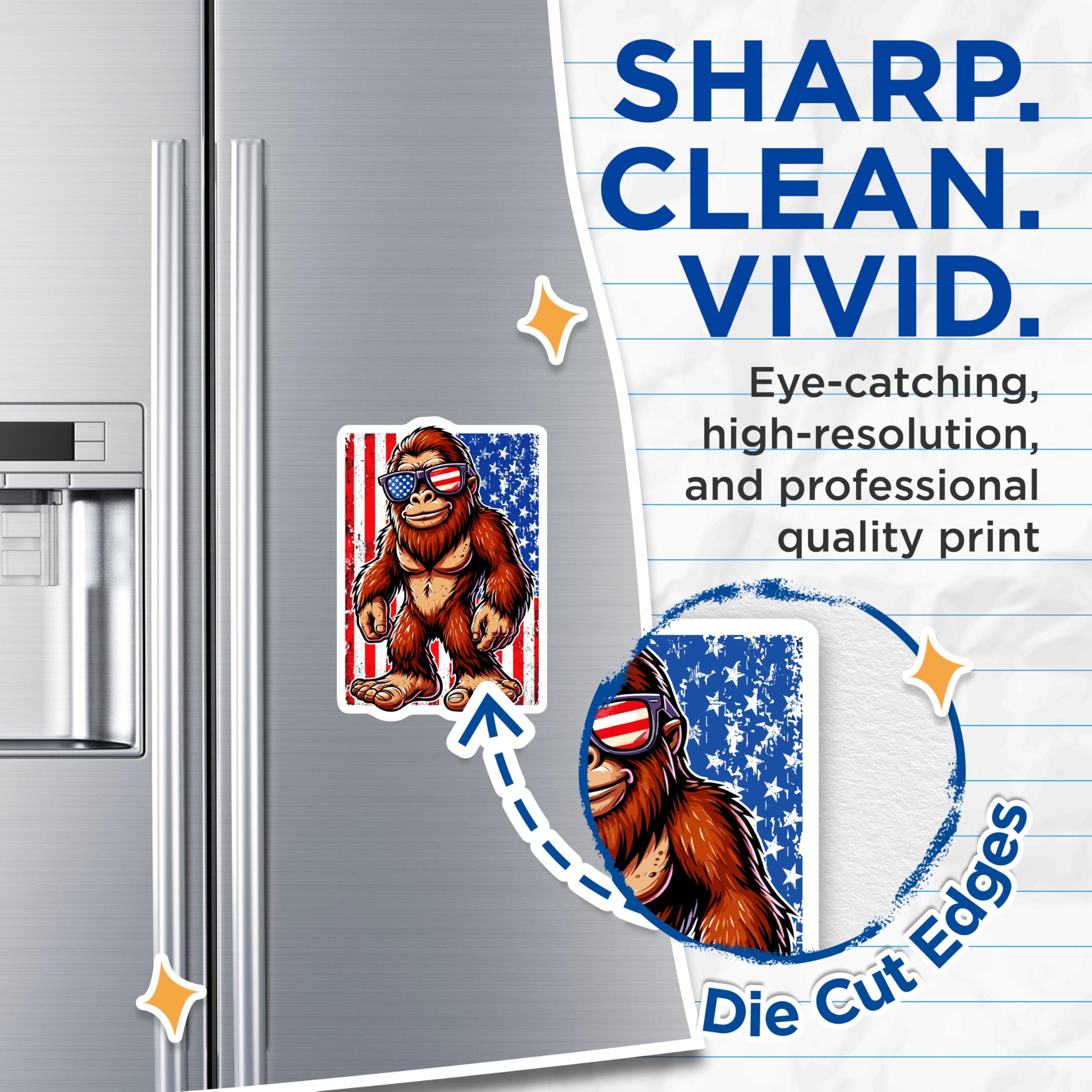 (2 Pack) Bigfoot Magnets - Patriotic Sasquatch Decor - USA Flag Sunglasses Yeti Cryptid - American Folkloric Creature - 5 Inches On Longest Side - Thick Durable Magnet - Made in USA - MAG20211