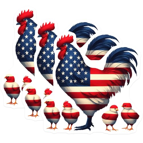 (3 Pack) American Flag Rooster Decals - Patriotic Chicken Laptop Decal - Farm Animal Stickers- 3 Inches On Longest Side - Easy Peel & Apply - Made in USA - 3MCS5896