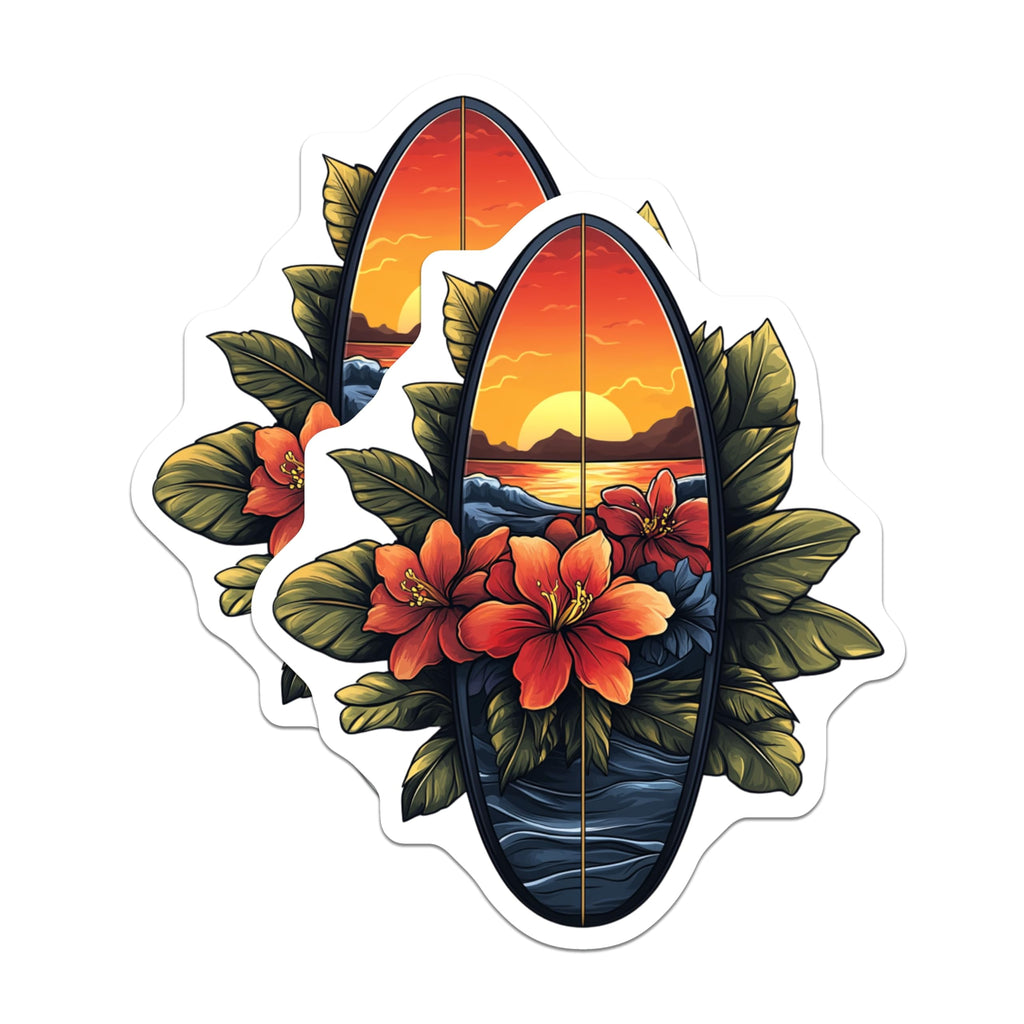 (2 Pack) Surfboard Sunset Magnets - Tropical Hibiscus Decor - Hawaiian Ocean Scene - Beach Vibe Accent - 5 Inches On Longest Side - Thick Durable Magnet - Made in USA - MAG29562