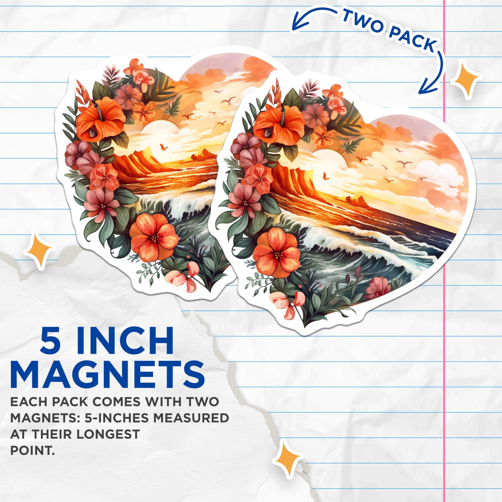 (2 Pack) Tropical Sunset Heart Magnets - Hawaiian Ocean Waves - Vibrant Floral Beach Art - 5 Inches On Longest Side - Thick Durable Magnet - Made in USA - MAG19826