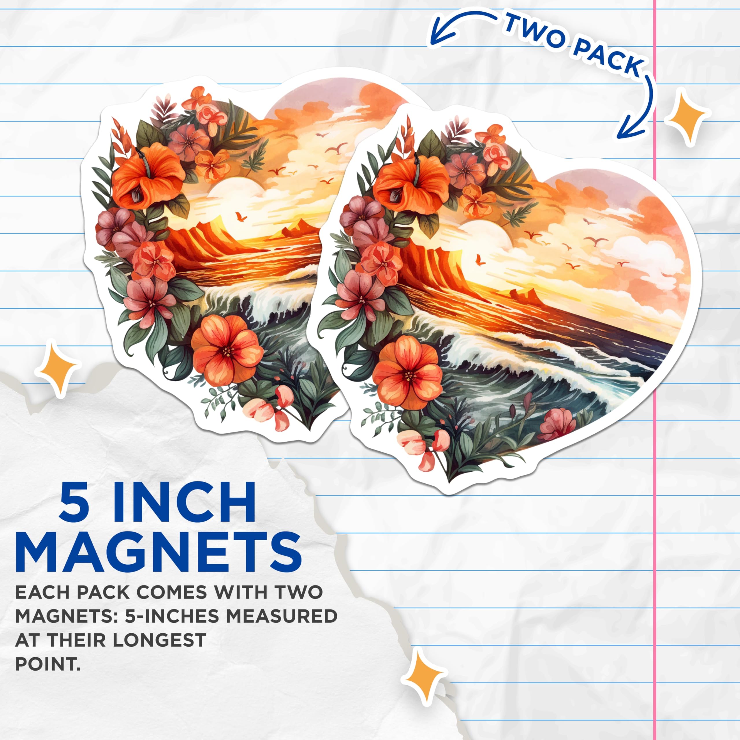 (2 Pack) Tropical Sunset Heart Magnets - Hawaiian Ocean Waves - Vibrant Floral Beach Art - 5 Inches On Longest Side - Thick Durable Magnet - Made in USA - MAG19826