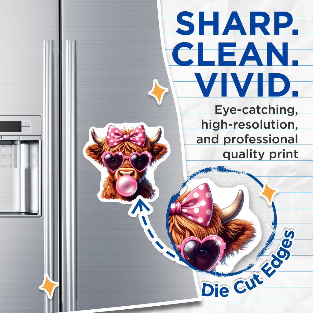 (2 Pack) Highland Cow Magnets - Cute Pink Bow Bubble Gum Fridge Decor - Funny Animal Lover Accessory - 5 Inches On Longest Side - Thick Durable Magnet - Made in USA - MAG38436
