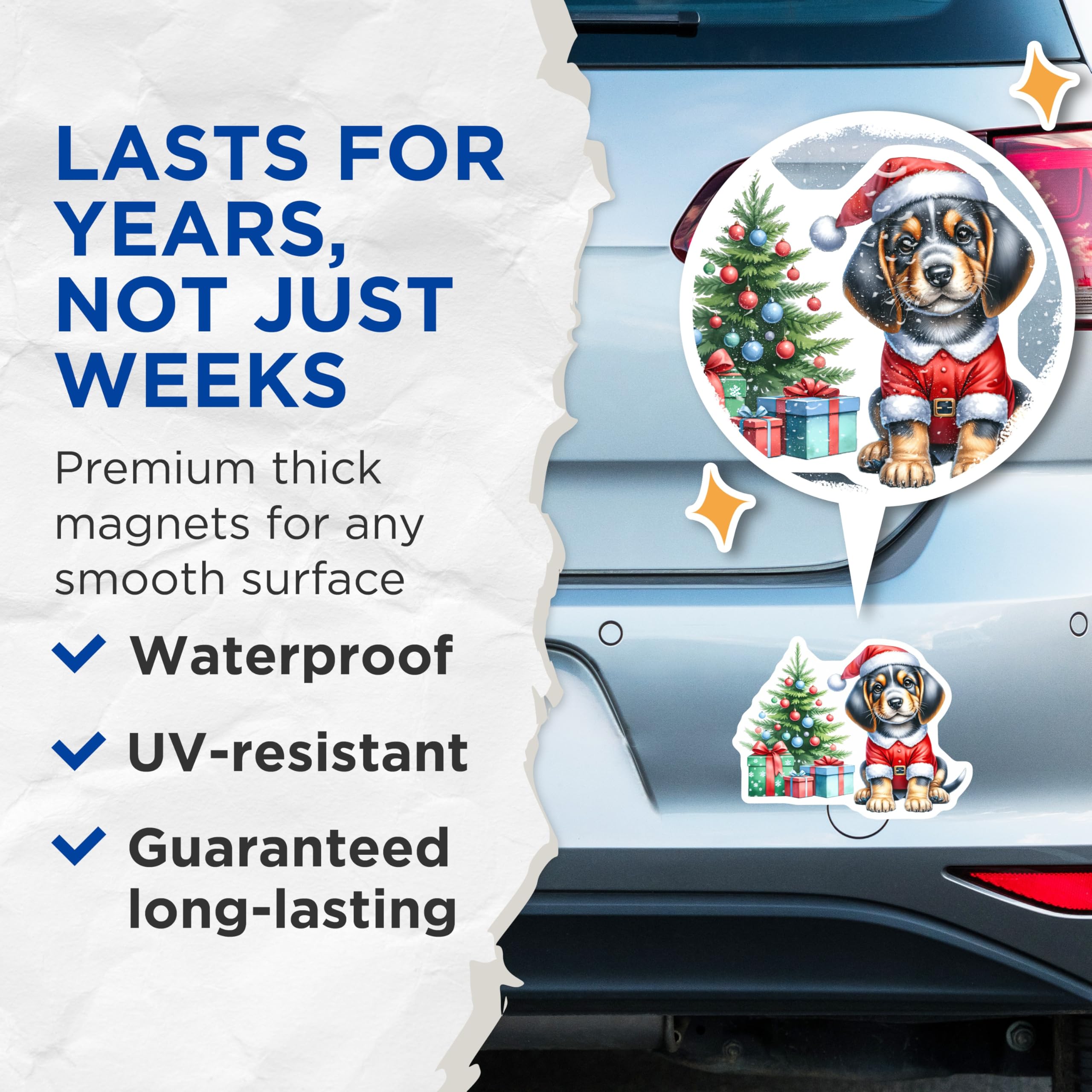 (2 Pack) Christmas Puppy Magnets - Santa Dog Holiday Refrigerator Decor - Cute Pet Lover Kitchen Accessory - 5 Inches On Longest Side - Thick Durable Magnet - Made in USA - MAG28720