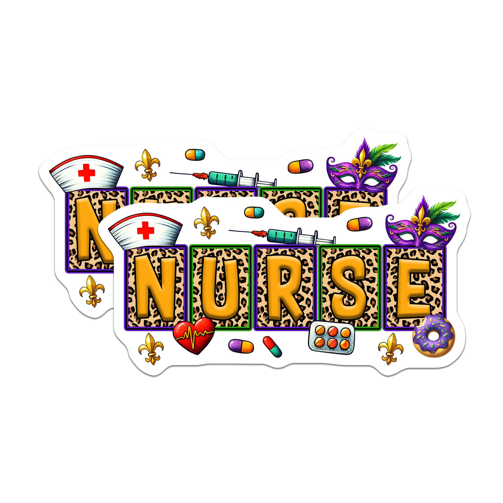 (2 Pack) Nurse Appreciation Magnets - Leopard Print Healthcare Decor - Mardi Gras Nurse Life - 5 Inches On Longest Side - Thick Durable Magnet - Made in USA - MAG39146