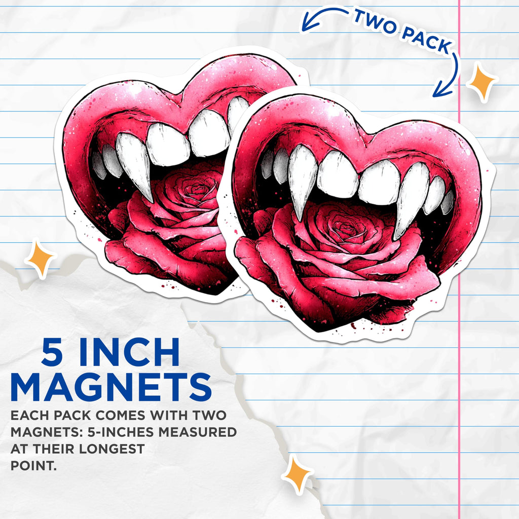 (2 Pack) Vampire Heart Magnets - Gothic Rose Love Art - Fanged Lips Decor - 5 Inches On Longest Side - Thick Durable Magnet - Made in USA - MAG20924