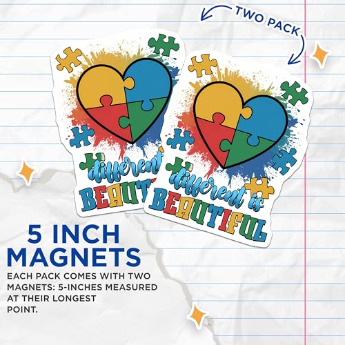 (2 Pack) Autism Awareness Magnets Magnets - Different is Beautiful Quote Magnet - 5" On Longest Side - Made in USA - Sticks to Refrigerators & Metal Surfaces - MAG8418