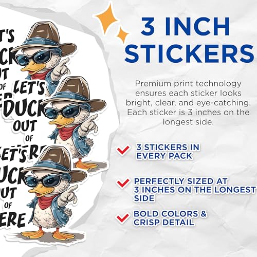 (3 Pack) Duck Decals - Funny Duck - Cartoon Duck Decal - 3 Inches On Longest Side - Easy Peel & Apply - Made in USA - 3MCS1466