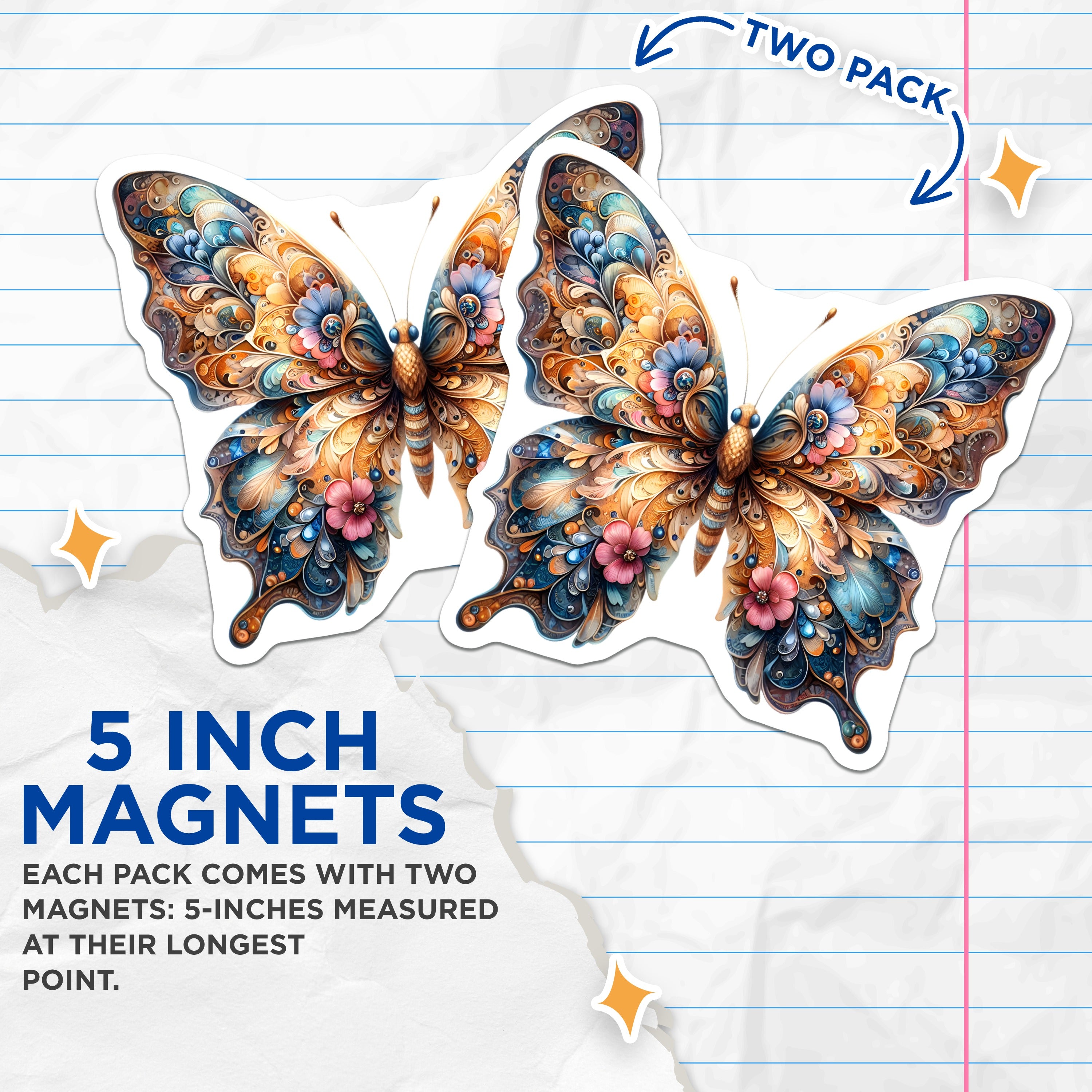 (2 Pack) Ornate Butterfly Magnets - Bohemian Fridge Decor - Whimsical Kitchen Art - Nature Lover Accent - 5 Inches On Longest Side - Thick Durable Magnet - Made in USA - MAG37989