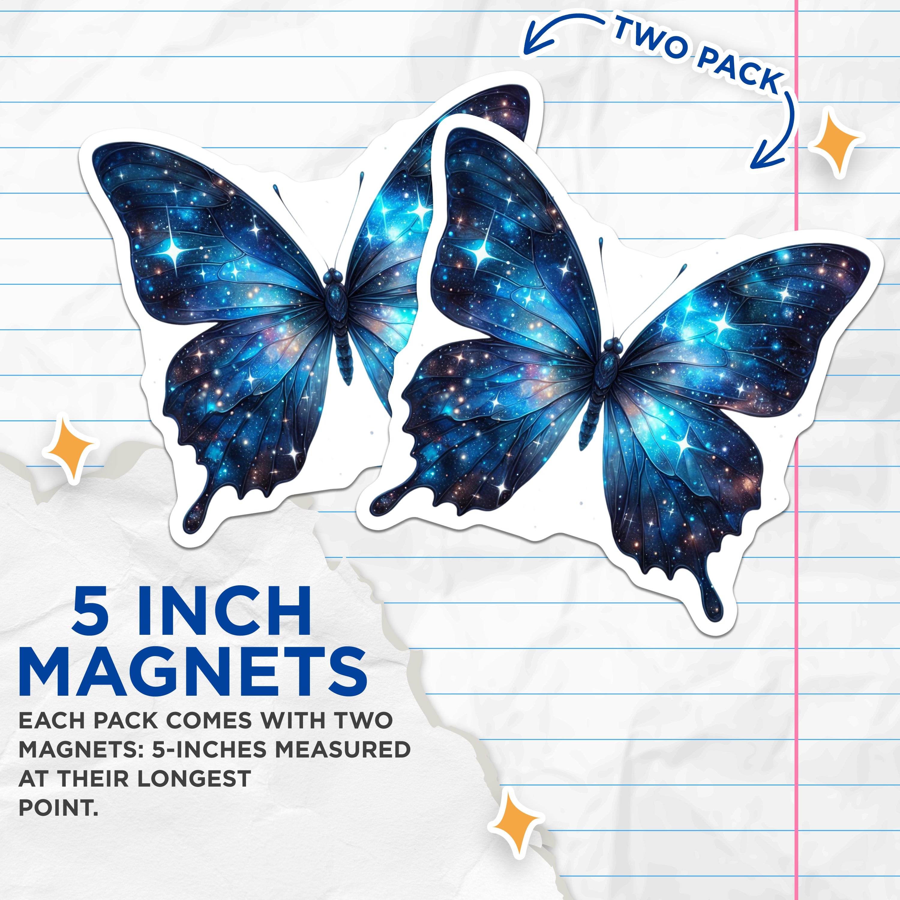 (2 Pack) Cosmic Butterfly Magnets - Galaxy Moth Decor - Celestial Fridge Art - 5 Inches On Longest Side - Thick Durable Magnet - Made in USA - MAG38432