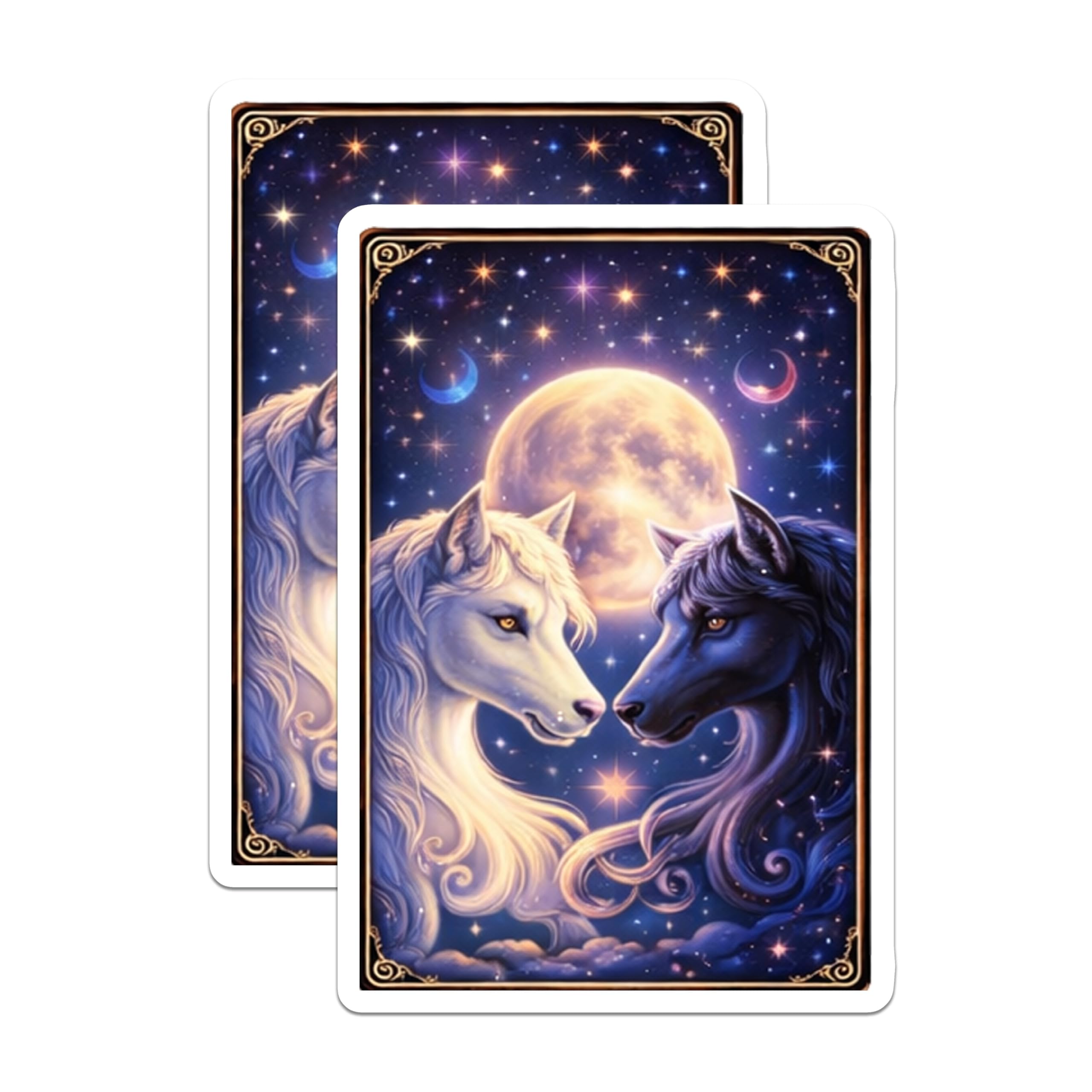 (2 Pack) Celestial Wolf Stickers - Mystical Moon Art - Fantasy Animals Stickers- 5" On Longest Side - Sticks to Smooth Flat Surfaces - Made in USA - BMCS16121