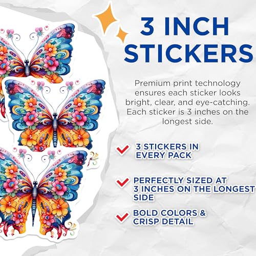(3 Pack) Butterfly Decals - Floral Art Stickers - Colorful Laptop Decals - 3 Inches On Longest Side - Easy Peel & Apply - Made in USA - 3MCS2488