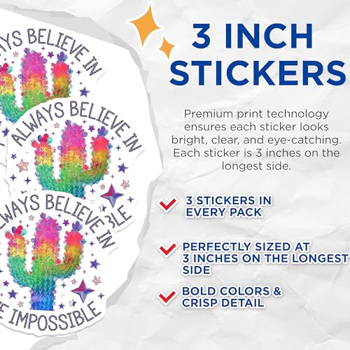 (3 Pack) Cactus Decals - Rainbow Cactus Decal - Impossible Dream Decal- 3 Inches On Longest Side - Easy Peel & Apply - Made in USA - 3MCS5153