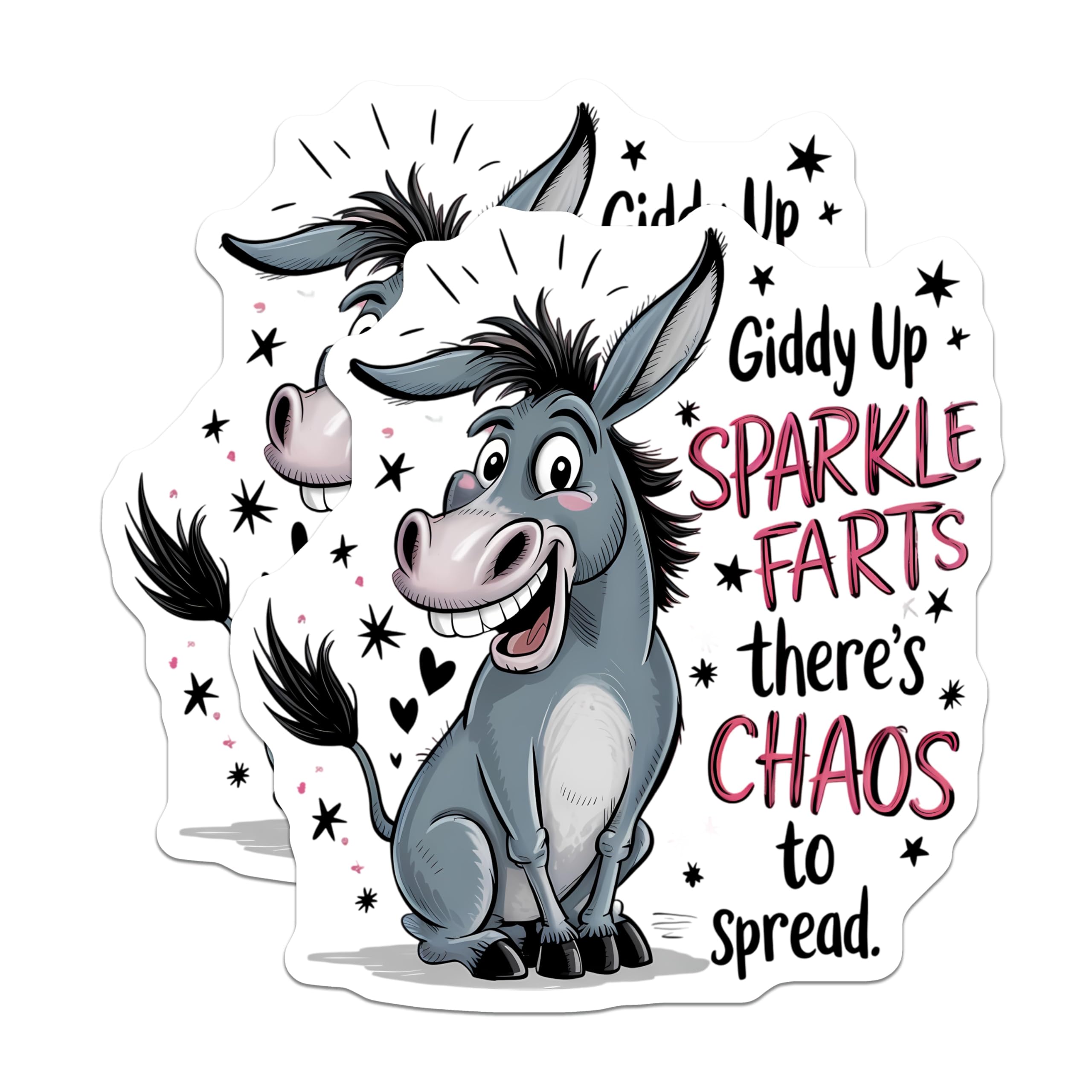 (2 Pack) Giddy Up Donkey Stickers - Sparkle Farts Chaos - Humorous Animal Decals - 5" On Longest Side - Sticks to Smooth Flat Surfaces - Made in USA - BMCS20220
