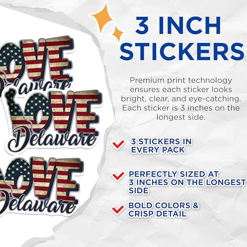 (3 Pack) Delaware Love Decals - USA Flag State - Laptop Decal - 3 Inches On Longest Side - Easy Peel & Apply - Made in USA - 3MCS0299