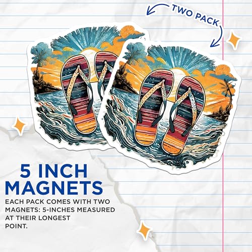(2 Pack) Beach Flip Flop Magnets Magnets - Tropical Summer - Vacation Decor - 5" On Longest Side - Made in USA - Sticks to Refrigerators & Metal Surfaces - MAG9314