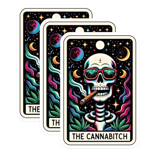 (3 Pack) Cannabis Tarot Decals - Skull Laptop Decal - Funny Slogan Sticker - 3 Inches On Longest Side - Easy Peel & Apply - Made in USA - 3MCS4129