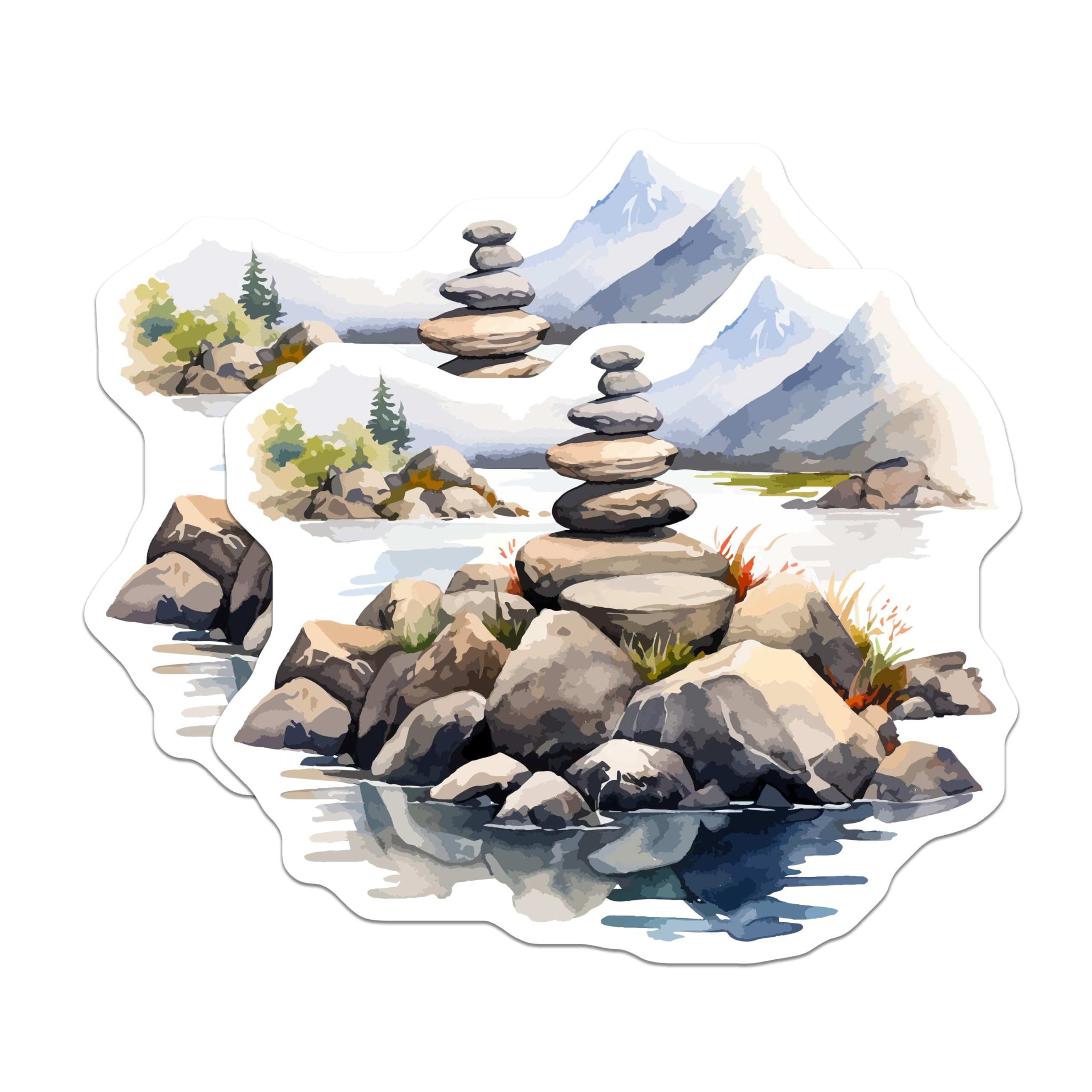 (2 Pack) Cairn Stone Magnets - Mountain Lake Landscape Art - Zen Balance Decor for Fridge - 5 Inches On Longest Side - Thick Durable Magnet - Made in USA - MAG19910