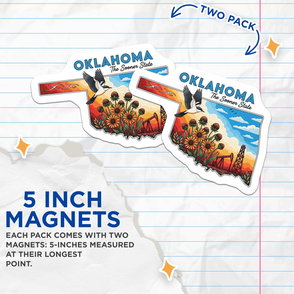 (2 Pack) Oklahoma Magnets - Sooner State Decor - Route 66 Home Magnets - 5" On Longest Side - Premium Magnet - for Cars, Refrigerators, Toolboxes, Lockers - Made in USA - MAG18509