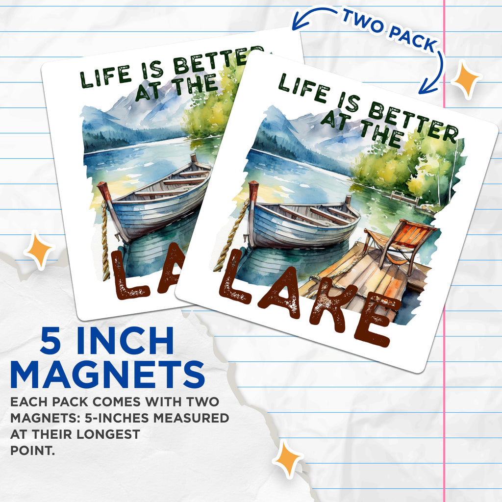 (2 Pack) Life is Better Lake Magnets - Rustic Cabin Decor - Nature Lover Fridge - Outdoorsy Aesthetic Art - 5 Inches On Longest Side - Thick Durable Magnet - Made in USA - MAG38057