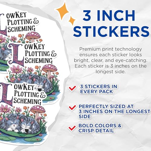 (3 Pack) Lowkey Plotting Decals - Cat Nap Decal - Kitten Lover Decal - 3 Inches On Longest Side - Easy Peel & Apply - Made in USA - 3MCS0605