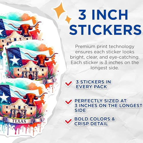 (3 Pack) Texas Pride Decals - Alamo Art - Longhorn Laptop Decals- 3 Inches On Longest Side - Easy Peel & Apply - Made in USA - 3MCS5683