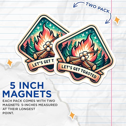 (2 Pack) Lets Get Toasted Magnets - Camping Fun - Retro Campfire Decor - Marshmallow Roast - Outdoor Adventure - 5" On Longest Side - for Cars, Fridges, Toolboxes - Made in USA - MAG7026