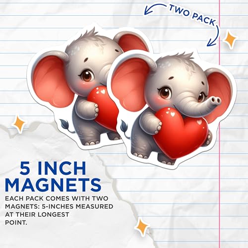 (2 Pack) Cute Elephant Holding Heart Magnets - Adorable Animal Magnets - Fridge ation - Kids Room - 5" On Longest Side - for Cars, Fridges, Toolboxes - Made in USA - MAG3696