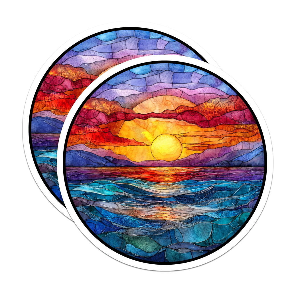 (2 Pack) Stained Glass Sunset Magnets - Watercolor Ocean Mountain Art - Coastal Kitchen Decor - 5 Inches On Longest Side - Thick Durable Magnet - Made in USA - MAG26989