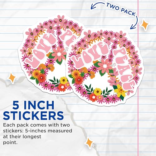 (2 Pack) Love Peace Stickers - Floral Peace Sign Stickers - Retro Flower Stickers - 5" On Longest Side - Sticks to Smooth Flat Surfaces - Made in USA - BMCS4707