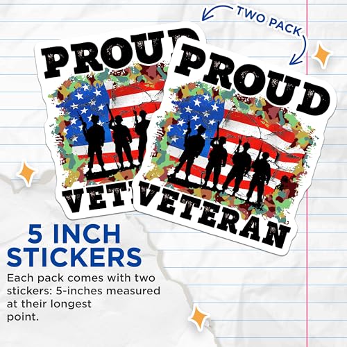 (2 Pack) Proud Veteran Stickers - Patriotic Art - Support Our Troops Decal - 5" On Longest Side - Sticks to Smooth Flat Surfaces - Made in USA - BMCS5710