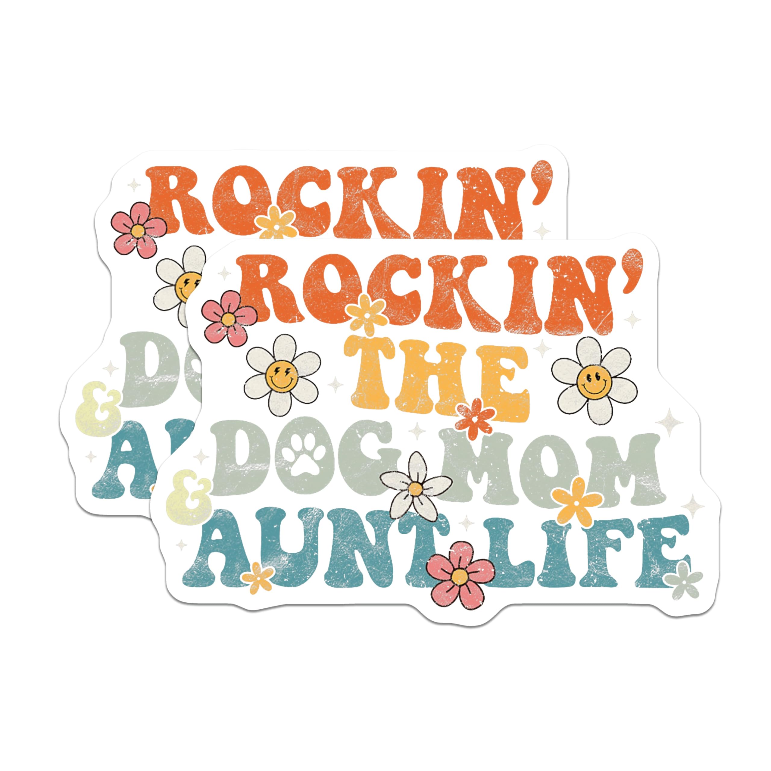 (2 Pack) Rockin Dog Mom Aunt Life Magnets - Retro Daisy Flower Paw Print - Smiley Face Boho Pet Owner - 5 Inches On Longest Side - Thick Durable Magnet - Made in USA - MAG23503