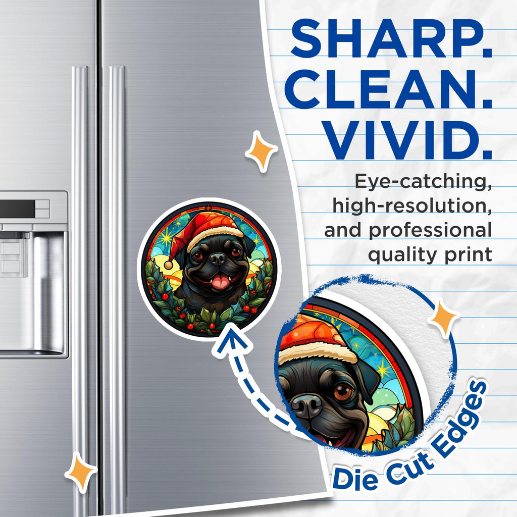 (2 Pack) Christmas Pug Magnets - Stained Glass Pet Decor - Holiday Dog Fridge Accessory - 5 Inches On Longest Side - Thick Durable Magnet - Made in USA - MAG30305