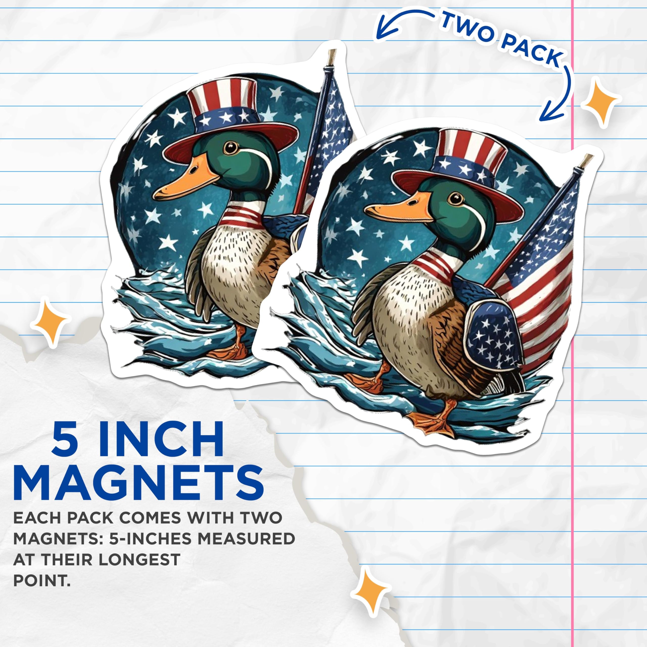 (2 Pack) American Flag Duck Magnets - Patriotic Mallard Wildlife Art - 4th of July Decor - USA Stars Stripes Animal - 5 Inches On Longest Side - Thick Durable Magnet - Made in USA - MAG20620