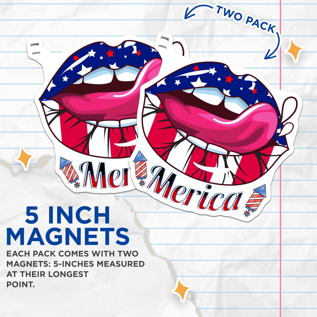 (2 Pack) American Flag Lips Magnets - Patriotic Tongue Out Magnets - USA Independence Day Magnets - 5" On Longest Side - for Cars, Refrigerators, Toolboxes, Lockers - Made in USA MAG3603