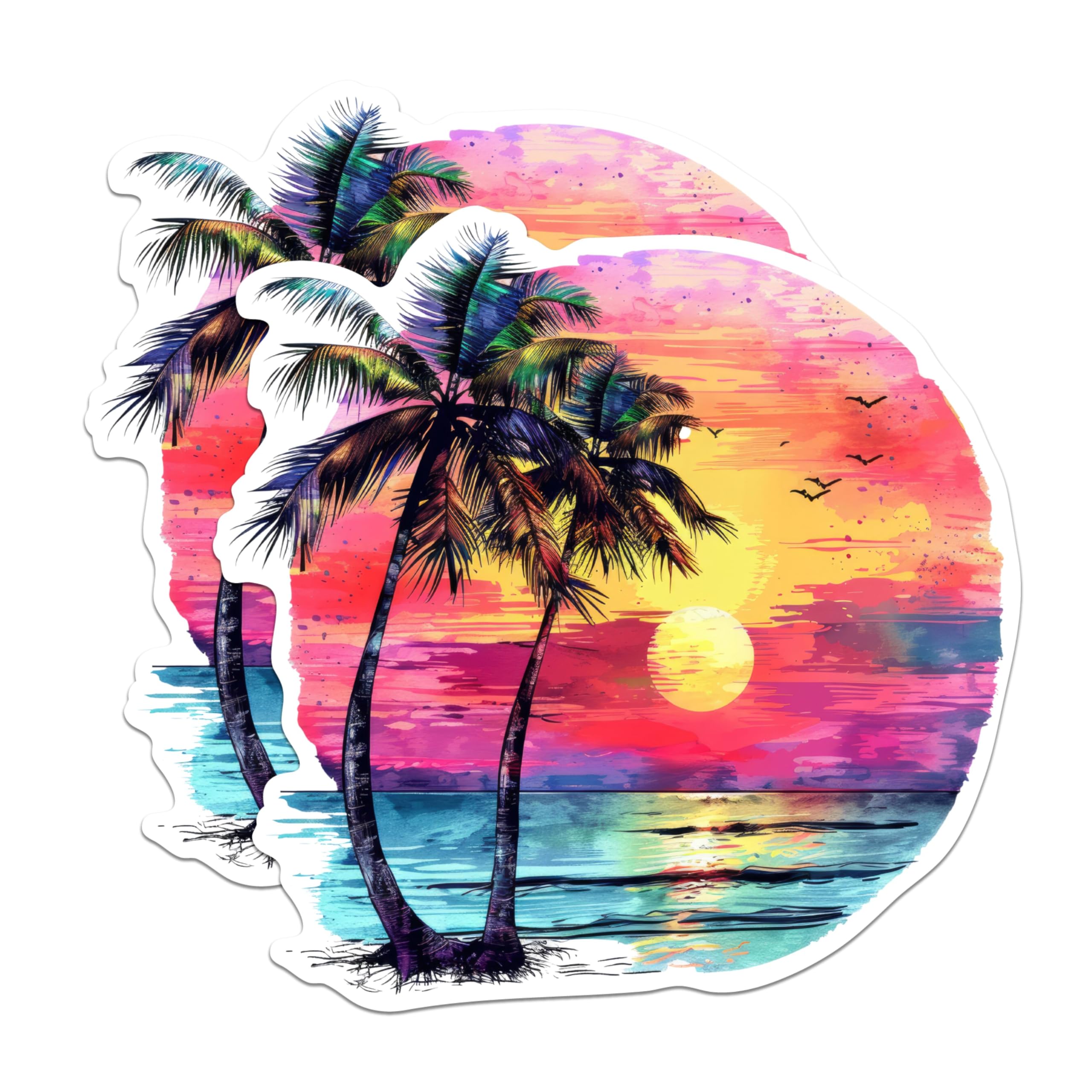 (2 Pack) Beautiful Sunset - Ocean and Sunset with Palm Trees - Serene Ocean Lover Magnet- 5 Inches On Longest Side - Premium Magnet - for Cars, Refrigerators, Toolboxes - Made in USA - MAG1724