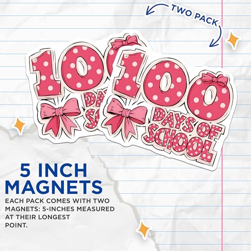 (2 Pack) 100 Days of School Magnets - School Celebration Magnets - End of School Year Decorations - 5" On Longest Side - for Cars, Refrigerators, Toolboxes, Lockers - Made in USA BMCS3065