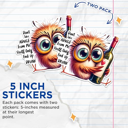 (2 Pack) Funny Owl Wine Stickers - Cute Alcohol Themed Stickers - Quirky Advice Stickers - 5" On Longest Side - Sticks to Any Smooth Flat Surface - Made in USA - BMCS2926