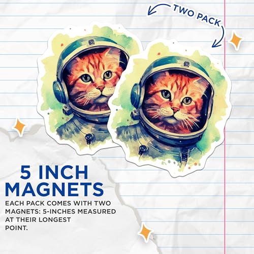 (2 Pack) Space Cat Magnets - Astronaut Cat Magnets - Whimsical Cat Decor Magnets - 5" On Longest Side - for Cars, Refrigerators, Toolboxes, Lockers - Made in USA MAG3608