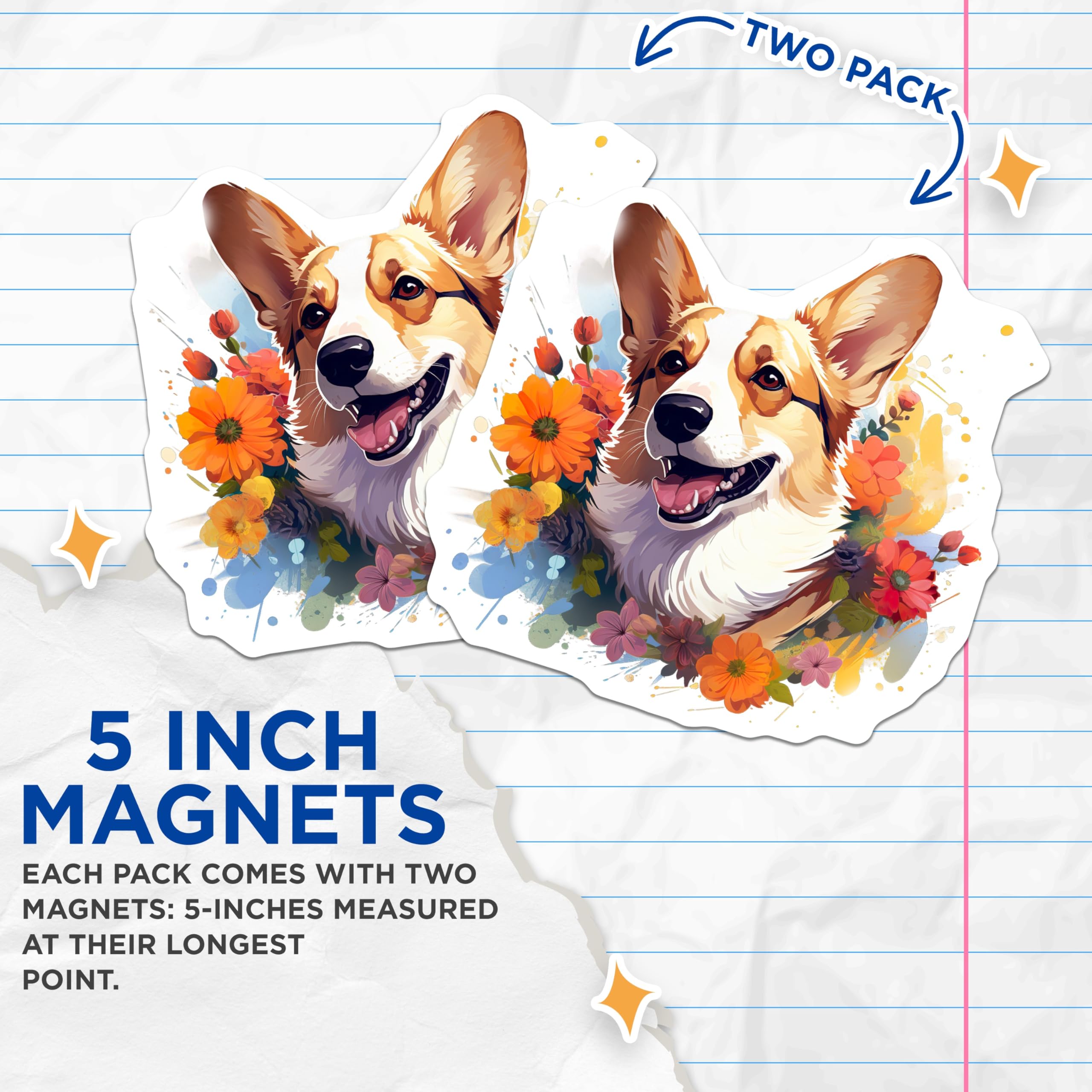 (2 Pack) Corgi Dog Magnets - Floral Pet Lover Fridge Magnets - Whimsical Dog Mom Accessory - 5 Inches On Longest Side - Thick Durable Magnet - Made in USA - MAG27549