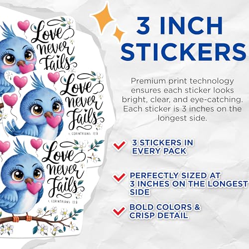 (3 Pack) Love Never Fails Decals - Blue Bird Laptop Decal - Faith Hope Love Decals - 3 Inches On Longest Side - Easy Peel & Apply - Made in USA - 3MCS1177