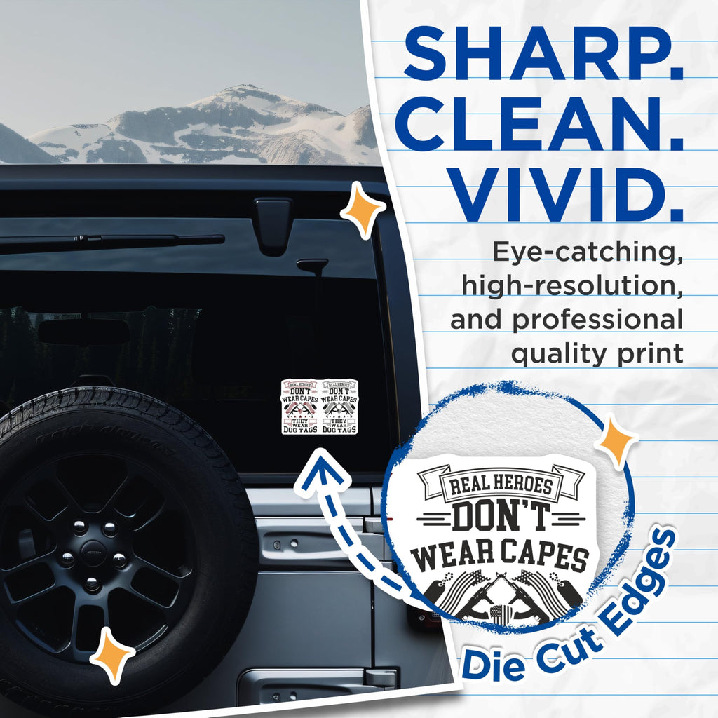 (2 Pack) Real Heroes Don't Wear Capes Stickers - Military Patriotic Decal - 5" On Longest Side - Sticks to Smooth Flat Surfaces - Made in USA - BMCS9167 - BMCS9167