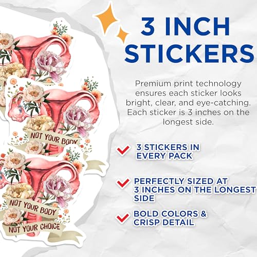 (3 Pack) Reproductive Rights Decals - Pro Choice - Floral Uterus Decal - 3 Inches On Longest Side - Easy Peel & Apply - Made in USA - 3MCS7809