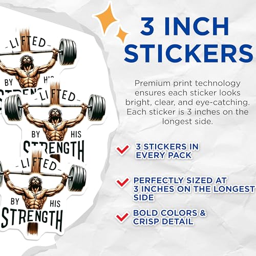 (3 Pack) Lifted by Strength Decals - Jesus Gym - Christian Fitness Decor - 3 Inches On Longest Side - Easy Peel & Apply - Made in USA - 3MCS8399